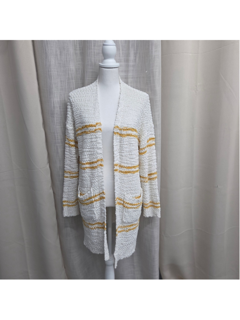 Sienna Sky Cream Striped Open Front Cardigan Sweater Textured Knit Pockets L